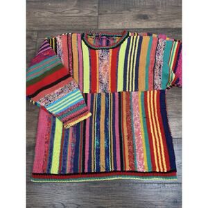 Vintage Colorful Striped Color Block Womens Sweater Hand Knit Sz XL